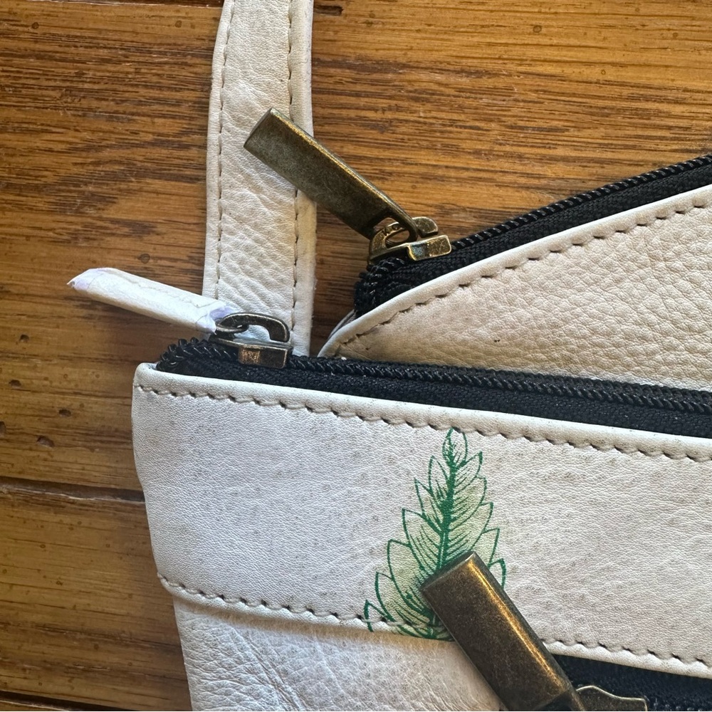ANUSCHKA Leather Hand Painted Asymmetric Slim Crossbody Bag Butterfly Moth Print - Picture 6 of 12